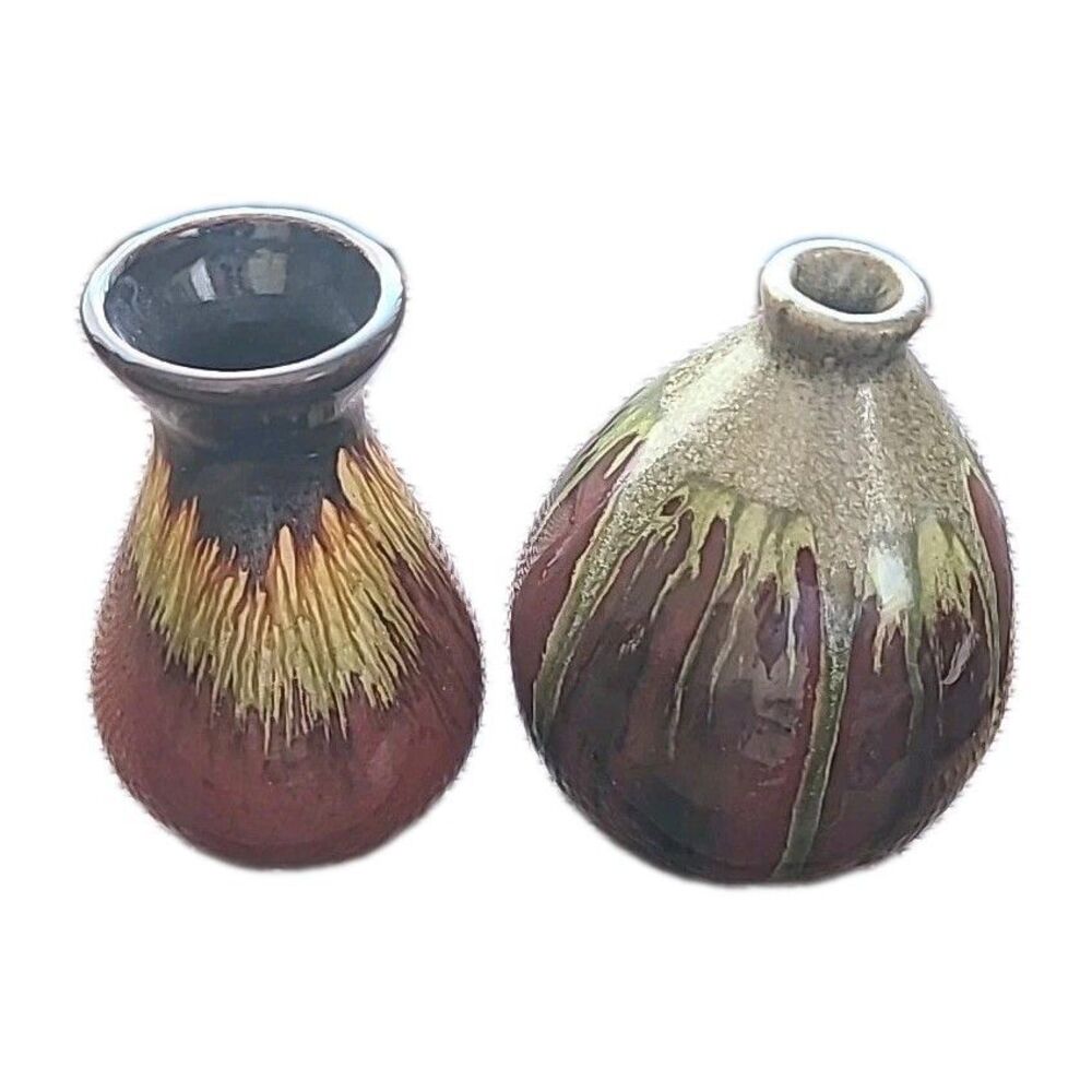 Set Of 2*  Coordinating Drip Glaze Pottery Vases MCM